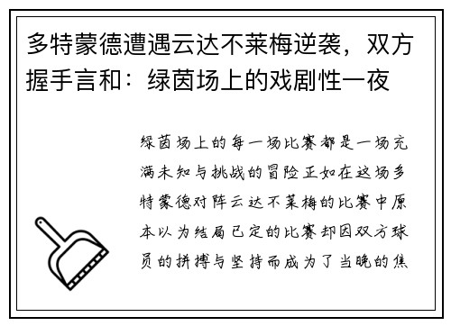 多特蒙德遭遇云达不莱梅逆袭，双方握手言和：绿茵场上的戏剧性一夜