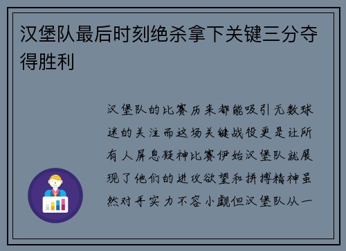 汉堡队最后时刻绝杀拿下关键三分夺得胜利